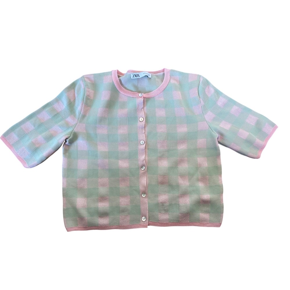 Zara Pastel Pink Green Gingham Check Short Sleeve Knit Cardigan Sz M